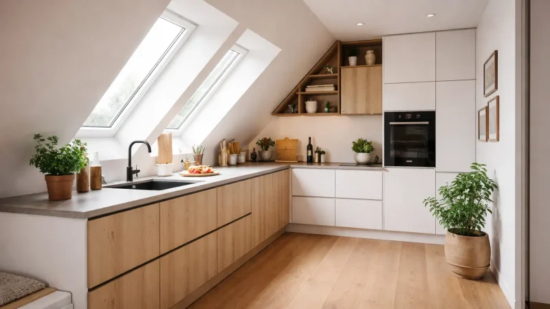 Helle Küche mit Holzelementen in einem Raum mit Dachschräge integriert