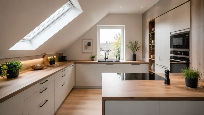 Moderne Küche mit Dachschräge: Helle Holzarbeitsplatten, weiße Schränke und eine Kochinsel mit schwarzem Kochfeld. Große Fenster und ein Skylight bringen viel Tageslicht in die minimalistisch gestaltete Küche. Ideal zum Küche planen im Dachgeschoss.