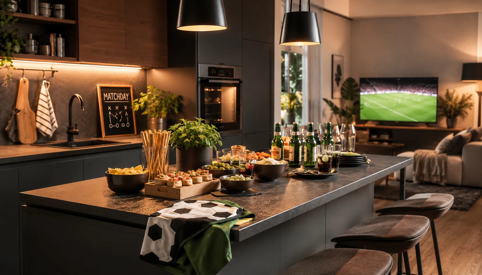Auf einer modernen Kücheninsel stehen Snacks, Getränke und ein Handtuch mit Fußballmotiv. Im Hintergrund ist ein Wohnzimmer mit einem Fernseher zu sehen, auf dem ein Fußballspiel übertragen wird, so dass eine lebhafte Spieltagsatmosphäre entsteht.