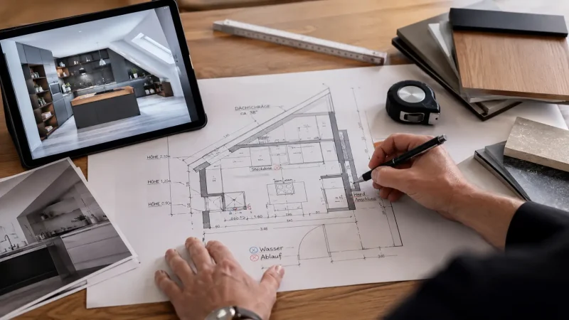Eine Person skizziert an einem Schreibtisch auf einem Architekturgrundriss, umgeben von Küchenfotos, Materialmustern, einem Maßband und einem Tablet, auf dem ein modernes Küchendesign zu sehen ist, das vom Studio Leipzig inspiriert ist.