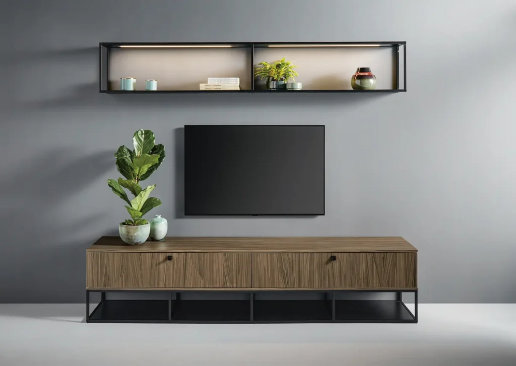 Eine moderne Wohnzimmergestaltung mit einem TV-Schrank aus Holz und passenden Sideboards von Schüller Möbel, Topfpflanzen, Dekoartikeln, einem an der Wand montierten Flachbildfernseher sowie zwei offenen Regalen mit Büchern und Dekoartikeln vor einer grauen Wand – so entsteht ein elegantes Ensemble aus Wohnmöbeln für zeitgemäße Räume.
