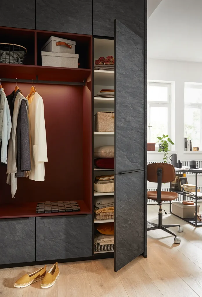 Ein moderner Kleiderschrank mit offenen Türen, hinter denen hängende Kleidung, Regale mit Kisten und gefaltete Kleidungsstücke zu sehen sind; ein Paar goldene Schuhe steht auf dem Holzboden. Daneben steht ein Schreibtisch mit einem Stuhl und einer Zimmerpflanze vor großen Fenstern, ergänzt durch elegante Sideboards, die sich nahtlos in die übrigen Wohnmöbel einfügen und so ein harmonisches Gesamtbild schaffen.