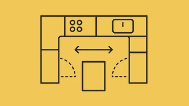 Einfaches Grundrissdiagramm einer Küche mit Herd, Spüle, Arbeitsfläche und Schränken im typischen Stil von Sachsenküchen. Zwei gestrichelte Linien zeigen die Türöffnungsrichtungen an, und ein Doppelpfeil verdeutlicht den Abstand zwischen Spüle und Herd. Der gelbe Hintergrund sorgt für mehr Übersichtlichkeit bei diesem von xanocs inspirierten Entwurf.