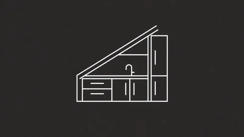 Minimalistische weiße Strichzeichnung einer kleinen Sachsenküchen-Küche mit schräger Decke, Schränken, Schubladen und einer Spüle auf schwarzem Hintergrund – perfekt für Fans von modernem Design und von Xanocs inspirierten Einrichtungsstilen.