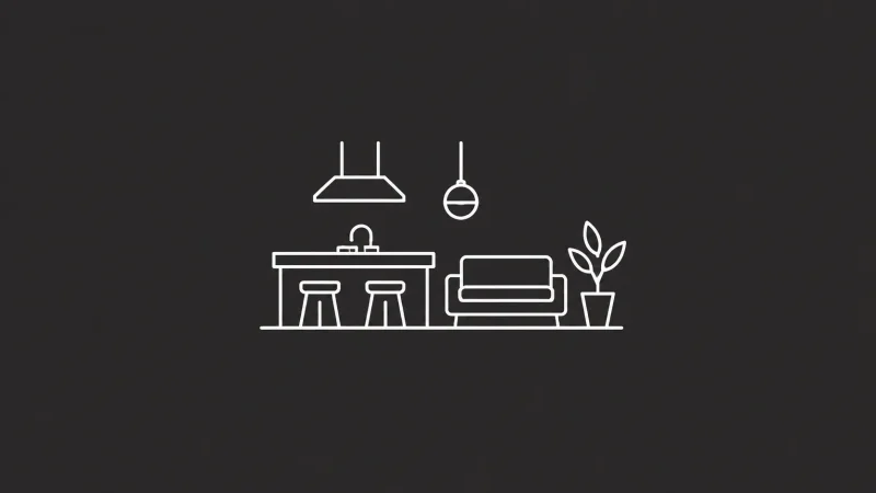 Minimalistische weiße Strichzeichnung eines modernen Wohn- und Küchenbereichs von Sachsenküchen mit einem Sofa, einem Tisch, zwei Hockern, Hängeleuchten und einer Topfpflanze vor schwarzem Hintergrund.
